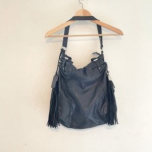 Genuine Black Leather tassel hobo tote style purse